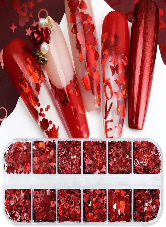 SARATA Valentine's Day Heart Glitter Sequins for Nail Art Butterfly Heart Charms Christmas Nails Hollow-Out Flakes Heart Letter 3D Holographic Love Sparkle for Nail Decor Body DIY Crafts 12PCS - Image 1